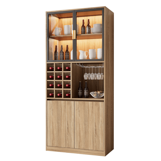 Armário de casa de banho 180 cm - Vitrina com portas de vidro e iluminação - Cor natural Armário de casa de banho 180 cm - Vitrina com portas de vidro e iluminação - Cor natural