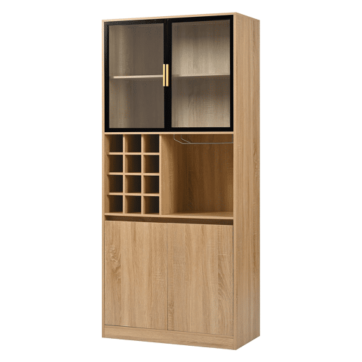 Armário de casa de banho 180 cm - Vitrina com portas de vidro e iluminação - Cor natural Armário de casa de banho 180 cm - Vitrina com portas de vidro e iluminação - Cor natural