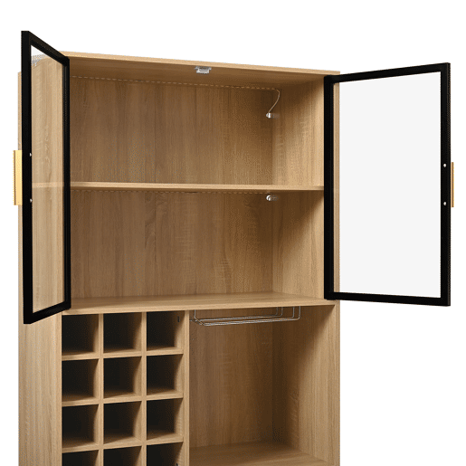 Armário de casa de banho 180 cm - Vitrina com portas de vidro e iluminação - Cor natural Armário de casa de banho 180 cm - Vitrina com portas de vidro e iluminação - Cor natural