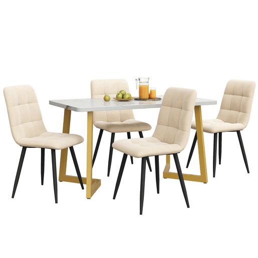 Conjunto de sala de jantar 117 cm - Mesa retangular moderna com 4 cadeiras de veludo bege e pernas douradas Conjunto de sala de jantar 117 cm - Mesa retangular moderna com 4 cadeiras de veludo bege e pernas douradas