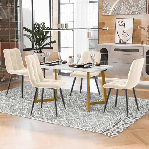 Conjunto de sala de jantar 117 cm - Mesa retangular moderna com 4 cadeiras de veludo bege e pernas douradas Conjunto de sala de jantar 117 cm - Mesa retangular moderna com 4 cadeiras de veludo bege e pernas douradas