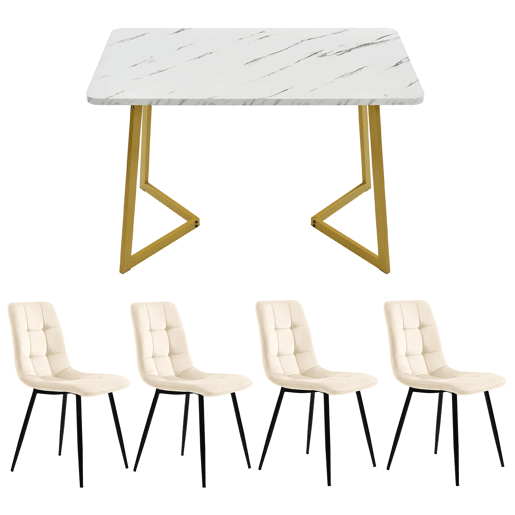 Conjunto de sala de jantar 117 cm - Mesa retangular moderna com 4 cadeiras de veludo bege e pernas douradas Conjunto de sala de jantar 117 cm - Mesa retangular moderna com 4 cadeiras de veludo bege e pernas douradas