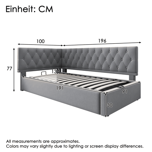 Cama Polsterbett 90x190 cm - Sofá-cama com arrumação hidráulica - Cinza