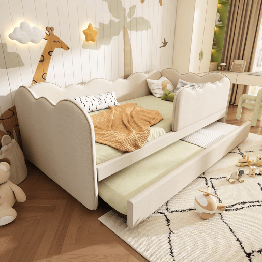 Cama Polsterbett 90x190 cm - Sofá-cama com cama extraível, com ripas, linho, bege Cama Polsterbett 90x190 cm - Sofá-cama com cama extraível, com ripas, linho, bege