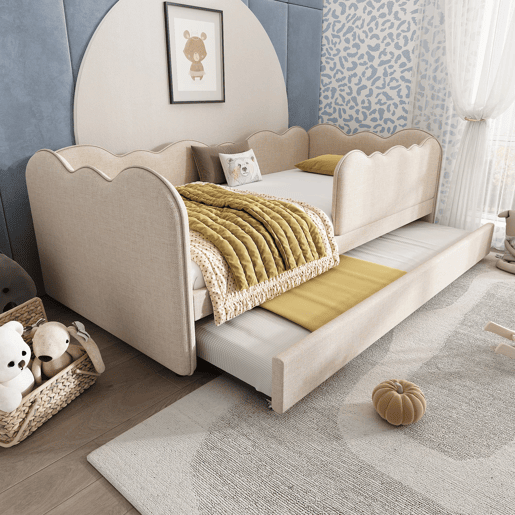 Cama Polsterbett 90x190 cm - Sofá-cama com cama extraível, com ripas, linho, bege Cama Polsterbett 90x190 cm - Sofá-cama com cama extraível, com ripas, linho, bege