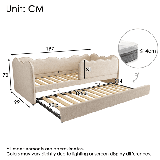 Cama Polsterbett 90x190 cm - Sofá-cama com cama extraível, com ripas, linho, bege Cama Polsterbett 90x190 cm - Sofá-cama com cama extraível, com ripas, linho, bege