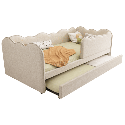 Cama Polsterbett 90x190 cm - Sofá-cama com cama extraível, com ripas, linho, bege Cama Polsterbett 90x190 cm - Sofá-cama com cama extraível, com ripas, linho, bege