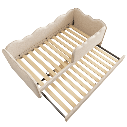 Cama Polsterbett 90x190 cm - Sofá-cama com cama extraível, com ripas, linho, bege Cama Polsterbett 90x190 cm - Sofá-cama com cama extraível, com ripas, linho, bege