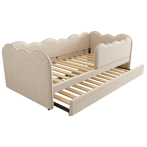 Cama Polsterbett 90x190 cm - Sofá-cama com cama extraível, com ripas, linho, bege Cama Polsterbett 90x190 cm - Sofá-cama com cama extraível, com ripas, linho, bege