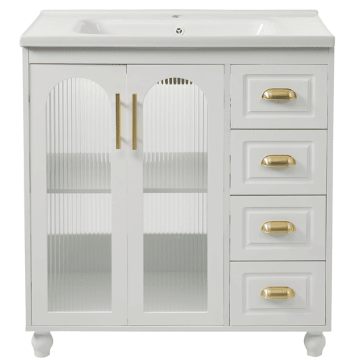 Móvel de casa de banho individual 80 cm - Com lavatório cerâmico, branco