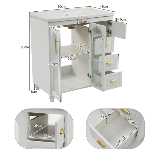 Móvel de casa de banho individual 80 cm - Com lavatório cerâmico, branco