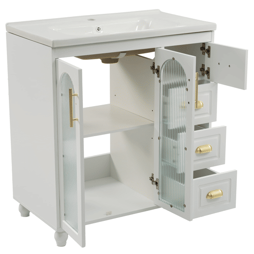 Móvel de casa de banho individual 80 cm - Com lavatório cerâmico, branco