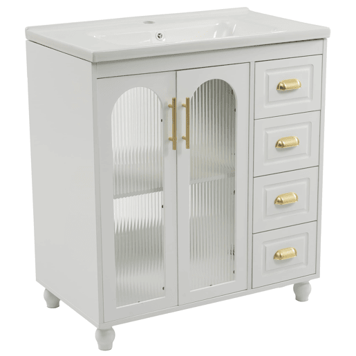 Móvel de casa de banho individual 80 cm - Com lavatório cerâmico, branco