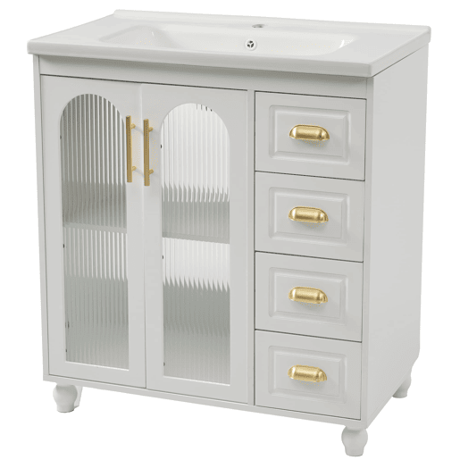Móvel de casa de banho individual 80 cm - Com lavatório cerâmico, branco