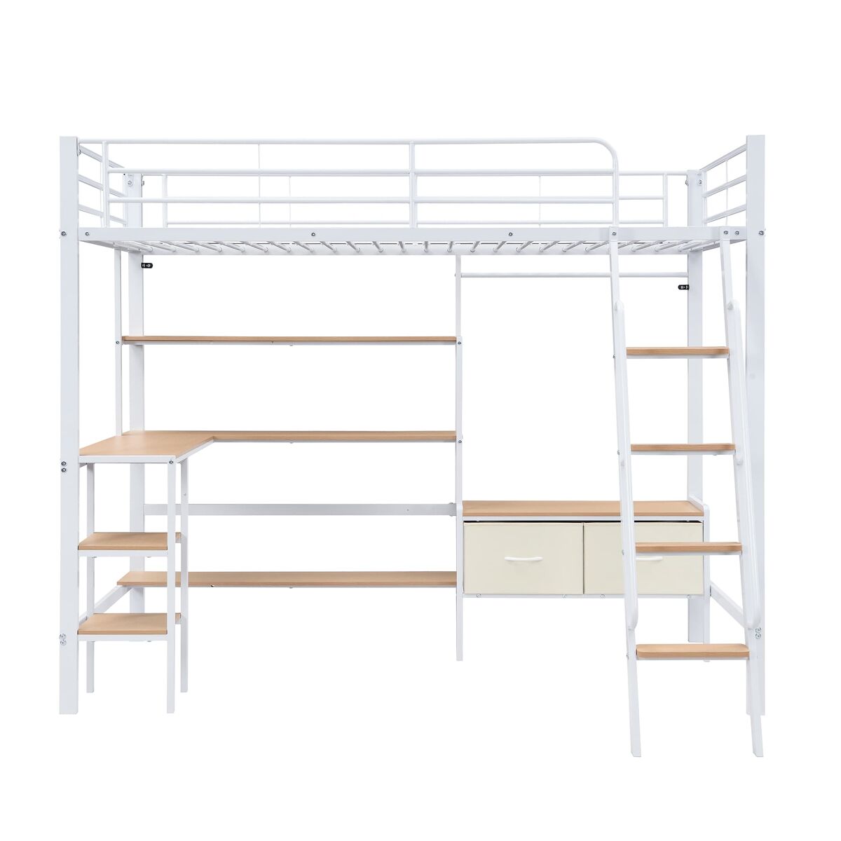 Cama loft 90x200cm - incluye 2 cajas de almacenamiento, escritorio, estante, escalera inclinada - blanco+natural