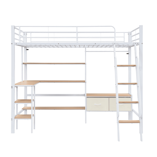 Cama loft 90x200cm - Inclui 2 caixas de arrumação, secretária, prateleira, escada inclinada - Branco+Natural