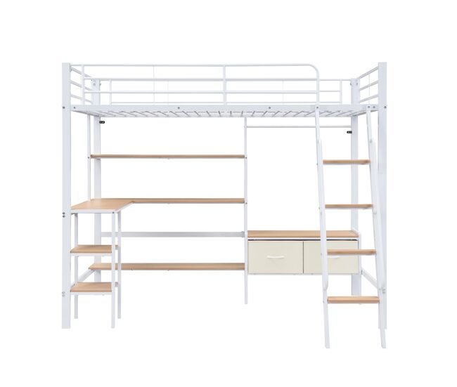 Cama loft 90x200cm - incluye 2 cajas de almacenamiento, escritorio, estante, escalera inclinada - blanco+natural