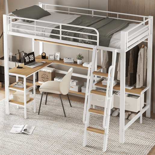 Cama loft 90x200cm - Inclui 2 caixas de arrumação, secretária, prateleira, escada inclinada - Branco+Natural