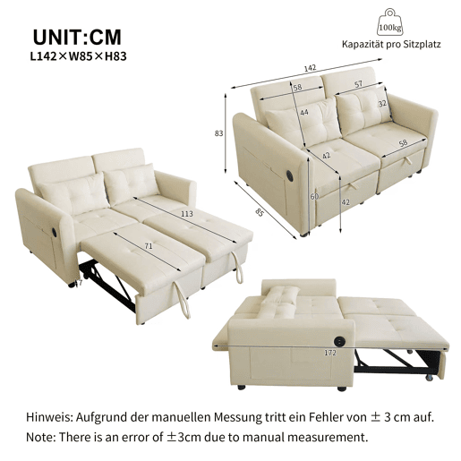 Sofá moderno 3 em 1 - encosto ajustável, USB, bolsos nos apoios de braços, almofadas, bege