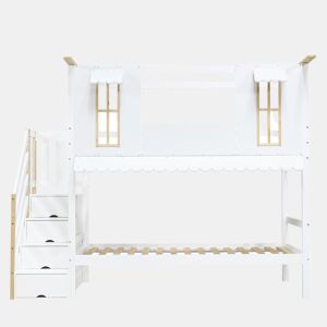 Cama beliche infantil 90x200 cm - Escada com arrumação, Janelas requintadas, Teto ondulado - Branco+Natural
