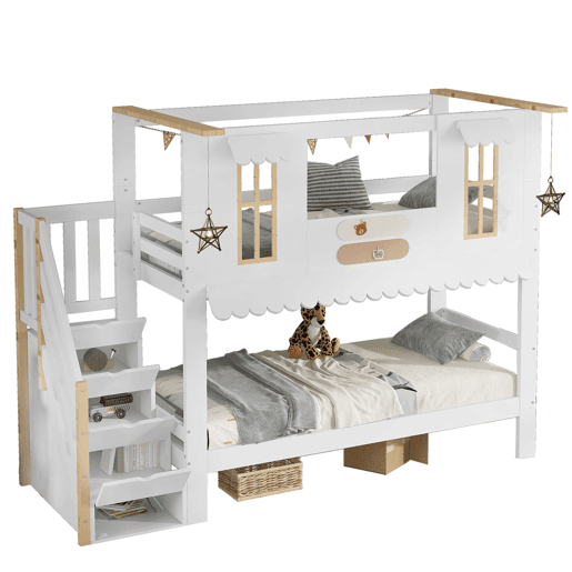 Cama beliche infantil 90x200 cm - Escada com arrumação, Janelas requintadas, Teto ondulado - Branco+Natural