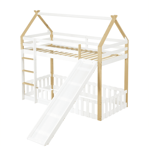 Beliche 90x200cm - Teto requintado, escorregador divertido, espaço livre com corrimão - Branco + Natural