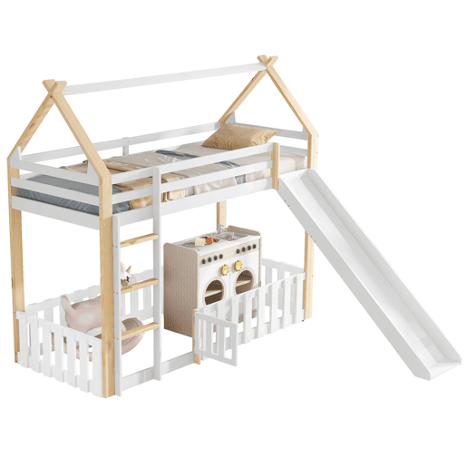 Beliche 90x200cm - Teto requintado, escorregador divertido, espaço livre com corrimão - Branco + Natural