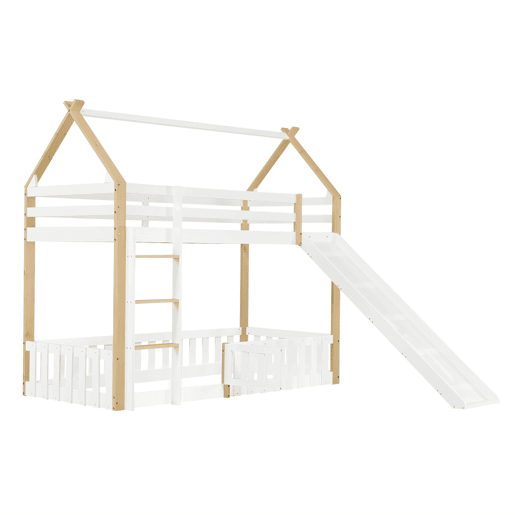 Beliche 90x200cm - Teto requintado, escorregador divertido, espaço livre com corrimão - Branco + Natural