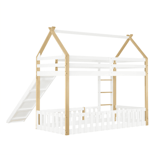 Beliche 90x200cm - Teto requintado, escorregador divertido, espaço livre com corrimão - Branco + Natural