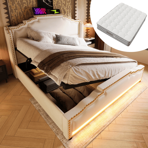 Cama Polsterbett 140x200 - Com armazenamento hidráulico, LED e USB-C - Bege