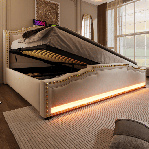 Cama Polsterbett 140x200 - Com armazenamento hidráulico, LED e USB-C - Bege