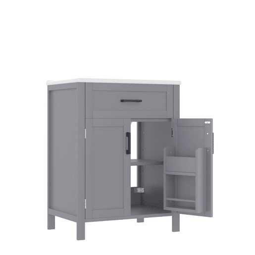 Armário de casa de banho 60x46x84,8 cm - Porta dupla, prateleiras ajustáveis, lavatório cerâmico - Cinza