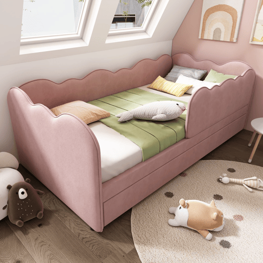 Cama Polsterbett 90x190 cm - Sofá-cama com cama extraível, com estrado, Veludo, Rosa