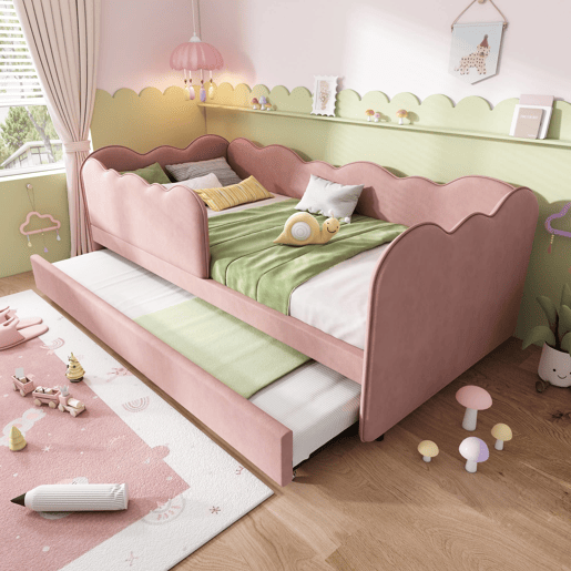 Cama Polsterbett 90x190 cm - Sofá-cama com cama extraível, com estrado, Veludo, Rosa