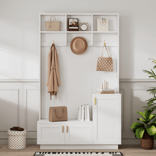 Conjunto de roupeiro com banco e sapateira 200x120x40 cm - 3 ganchos para pendurar e arrumação aberta - Branco