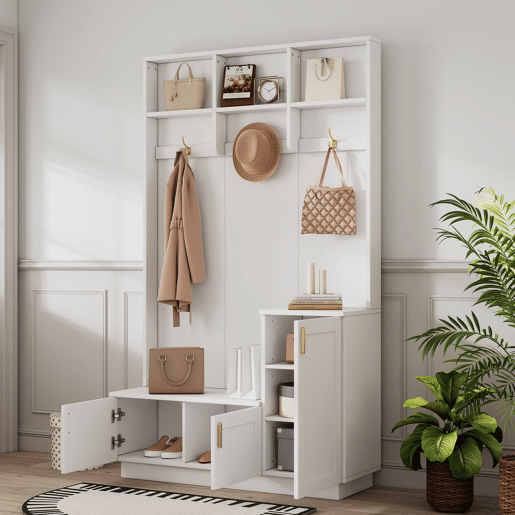 Conjunto de roupeiro com banco e sapateira 200x120x40 cm - 3 ganchos para pendurar e arrumação aberta - Branco