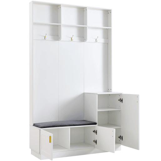 Conjunto de roupeiro com banco e sapateira 200x120x40 cm - 3 ganchos para pendurar e arrumação aberta - Branco