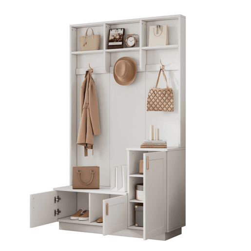 Conjunto de roupeiro com banco e sapateira 200x120x40 cm - 3 ganchos para pendurar e arrumação aberta - Branco