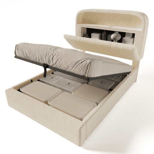 Cama estofada 90x200 cm - Cabeceira ajustável com arrumação, LED, USBType-C, Bege