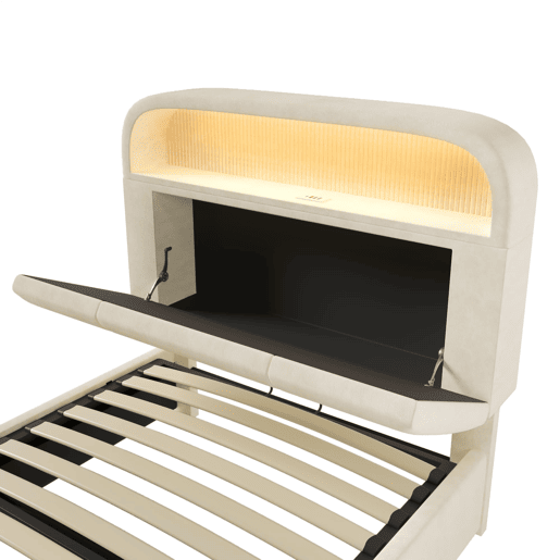 Cama estofada 90x200 cm - Cabeceira ajustável com arrumação, LED, USBType-C, Bege