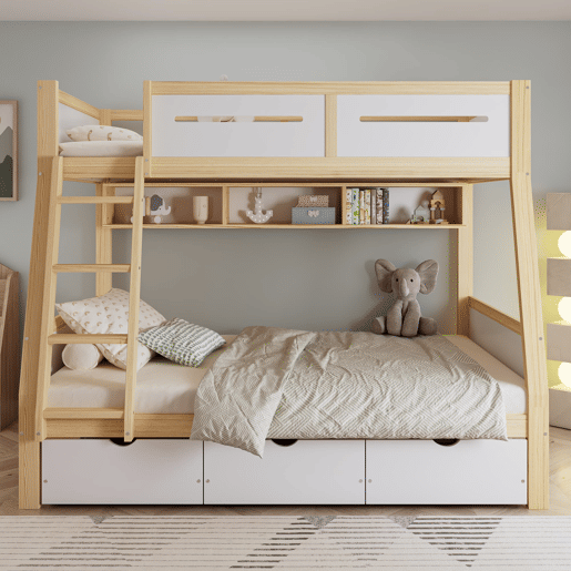 Cama alta 90x200cm120x200cm - Três gavetas com rodas, prateleira para livros, segurança total, escada - Branco+Natural