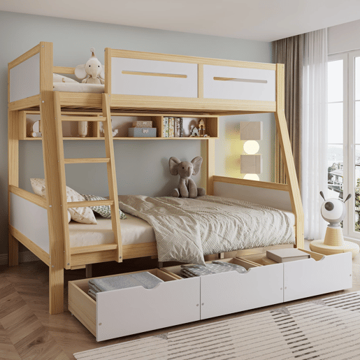 Cama alta 90x200cm120x200cm - Três gavetas com rodas, prateleira para livros, segurança total, escada - Branco+Natural