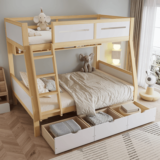 Cama alta 90x200cm120x200cm - Três gavetas com rodas, prateleira para livros, segurança total, escada - Branco+Natural