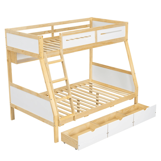 Cama alta 90x200cm120x200cm - Três gavetas com rodas, prateleira para livros, segurança total, escada - Branco+Natural
