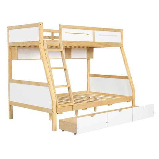 Cama alta 90x200cm120x200cm - Três gavetas com rodas, prateleira para livros, segurança total, escada - Branco+Natural