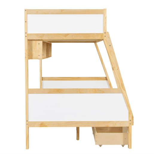 Cama alta 90x200cm120x200cm - Três gavetas com rodas, prateleira para livros, segurança total, escada - Branco+Natural