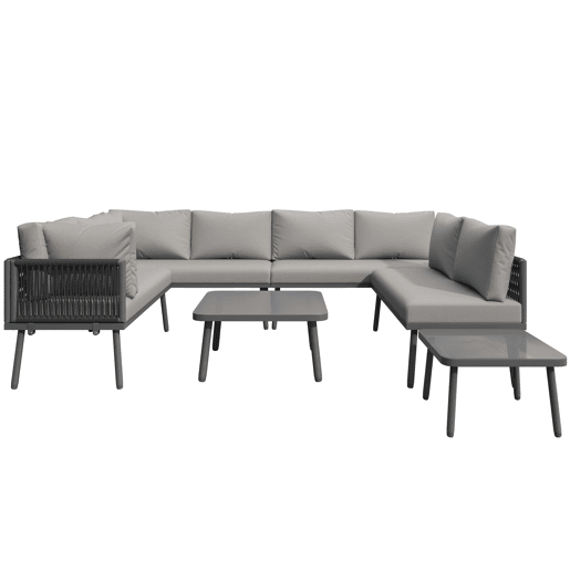 Conjunto de móveis de jardim em ferro + 8 lugares - Sofá em forma de U, 2 mesas, 4 sofás de 2 lugares, almofadas incluídas - Cinza