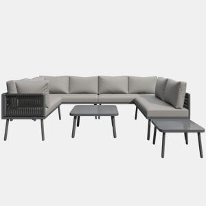 Conjunto de móveis de jardim em ferro + 8 lugares - Sofá em forma de U, 2 mesas, 4 sofás de 2 lugares, almofadas incluídas - Cinza