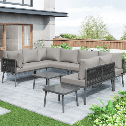 Conjunto de móveis de jardim em ferro + 8 lugares - Sofá em forma de U, 2 mesas, 4 sofás de 2 lugares, almofadas incluídas - Cinza