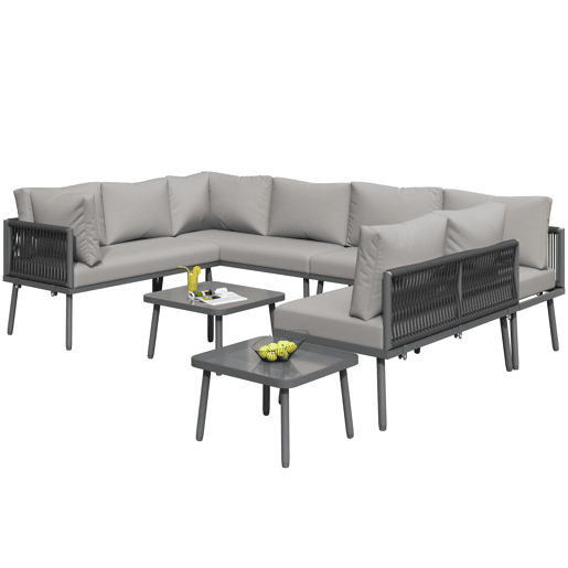 Conjunto de móveis de jardim em ferro + 8 lugares - Sofá em forma de U, 2 mesas, 4 sofás de 2 lugares, almofadas incluídas - Cinza